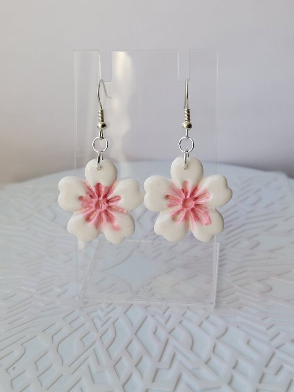 Cherry Blossom Flower Earrings - Delicate sakura drop earrings in white & blush